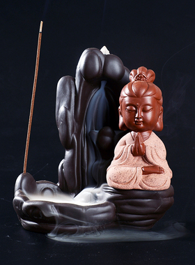 精品陶瓷家居佛像紫砂摆件悟禅小和尚西方三圣高山流水倒流香熏炉