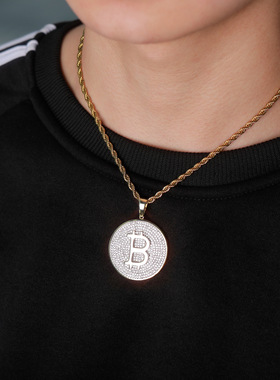 比特币图案满钻圆盘吊坠项链