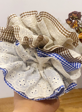 韩系复古双层蕾丝格子大肠发圈女高级感头饰丸子头扎发马尾头绳