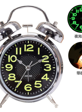 4英寸电镀银色金属打铃闹钟 大闹钟 爱时达品牌超静音机芯 带夜灯