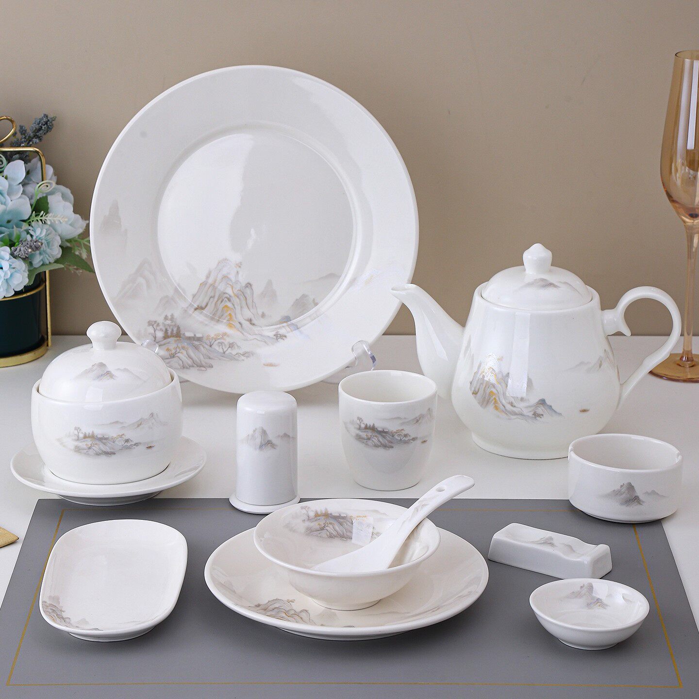 国风山水陶瓷骨碟汤碗勺套装酒店餐厅摆台餐具饭店包间招待七件套