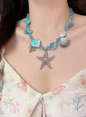 2026新款爆款不规则玻璃串珠项链度假风贝壳锁骨链夸张小众颈链女