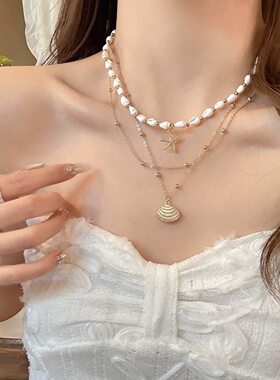 2026新款爆款度假风海星贝壳海螺项链小众多层叠戴锁骨链辣妹颈链