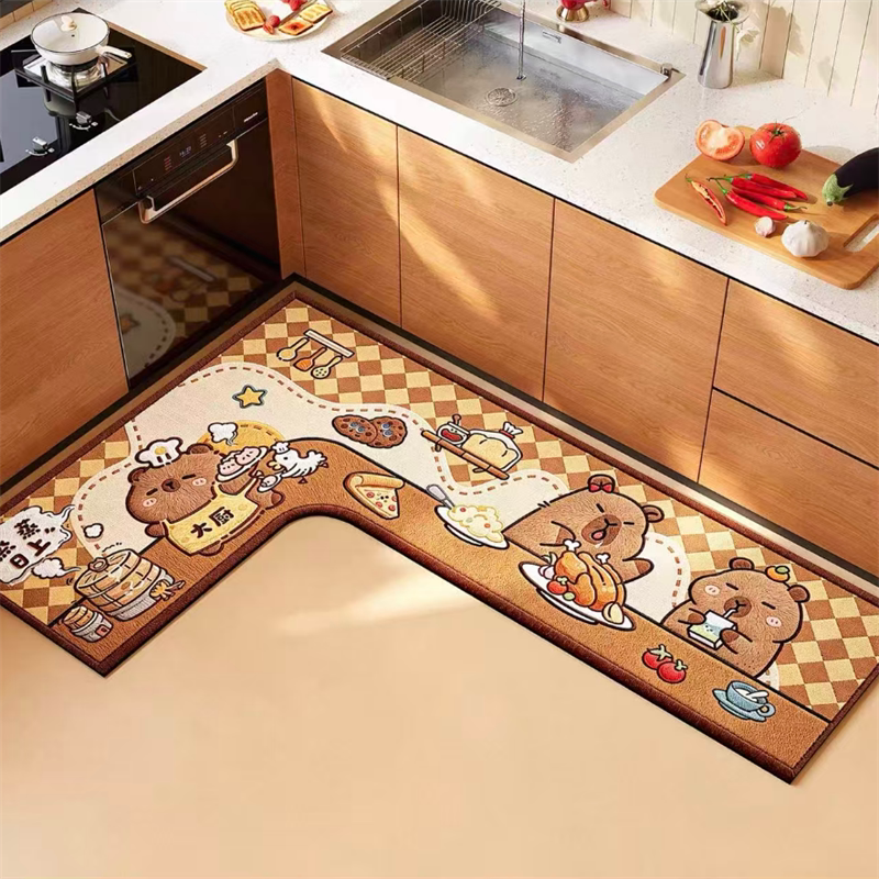 Cartoon L-shaped kitchen special floor mat diatom mud absorbs water and oil, non-slip, anti-oil, dirt-resistant and easy-care foot mat