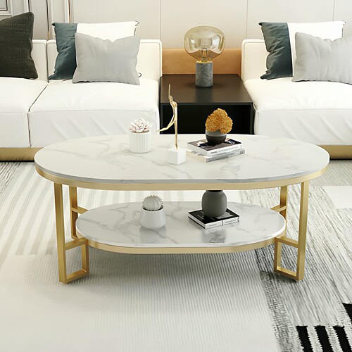 岩板茶几客厅家用北欧轻奢现代简约意式小户型双层椭圆形茶几桌子 - 图0