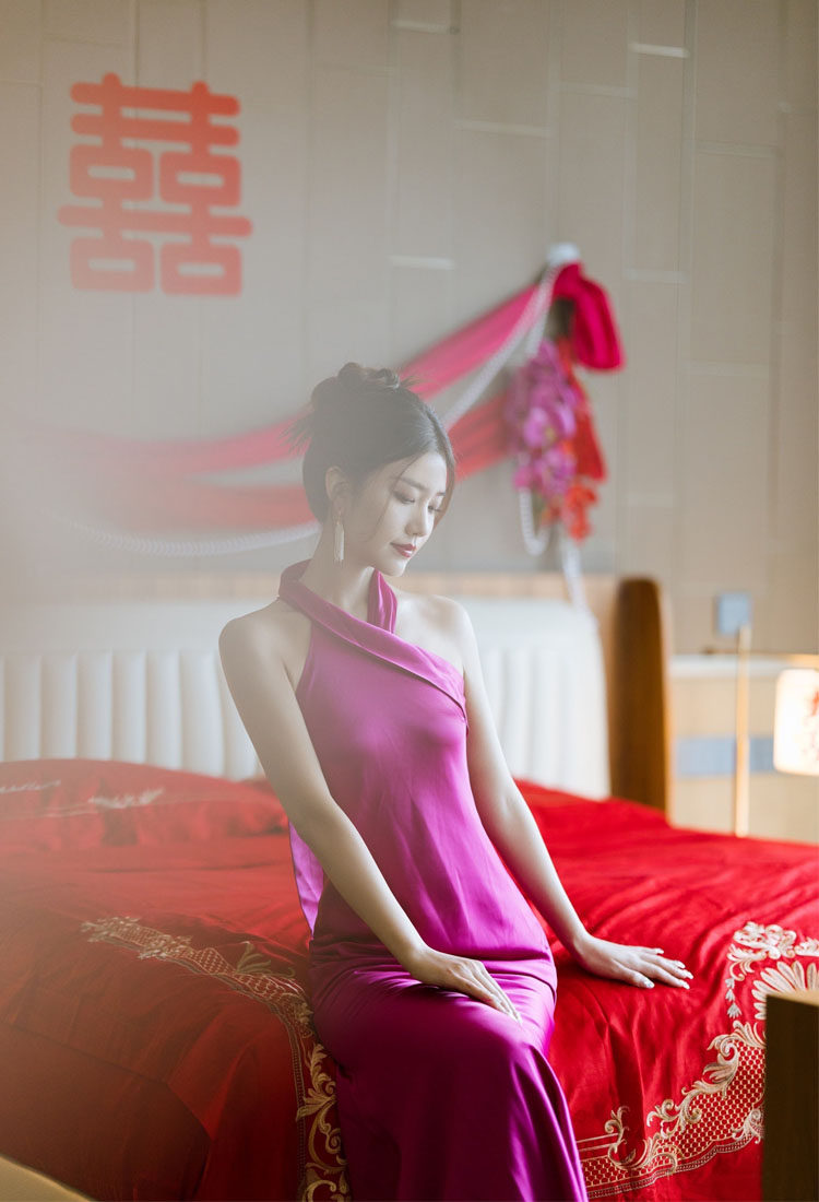 晨袍女新娘新中式旗袍结婚晨拍小礼服婚礼火龙果玫红色高级感小众_虎窝淘