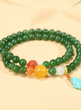 和田玉手串俄料菠菜绿碧玉