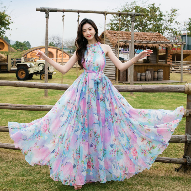 雪纺长裙沙滩裙吊带女夏大摆无袖超长挂脖印花连衣裙旅游度假裙子,淘宝优惠券,粉丝福利购,淘宝优惠卷