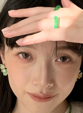 缅甸花青翡翠色戒指满绿飘花玉石