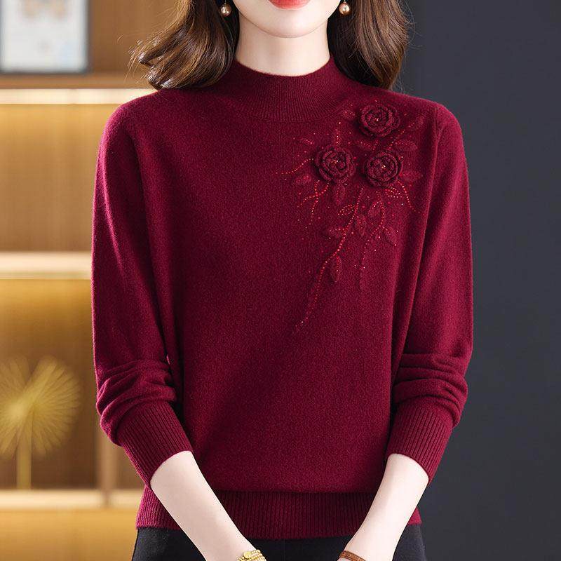 时尚中年妈妈100%羊绒毛衣女加厚秋冬半高领大码提花针织衫女上衣,淘宝优惠券,粉丝福利购,淘宝优惠卷