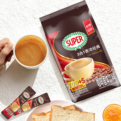 马来西亚进口super超级经典原味三合一低脂低糖速溶咖啡粉105条装 - 图1
