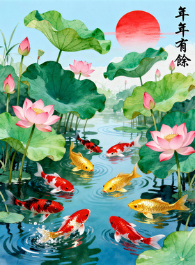 中式九鱼图玄关自粘山水装饰画