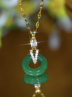 复古新中式镶钻绿色平安扣项链