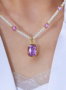 新中式紫色方形水晶吊坠项链