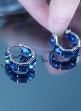 蓝色水晶圈圈耳扣耳环小耳圈