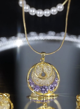 双层仿珍珠镂空网纱圆盘吊坠项链