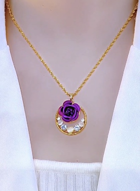 轻奢镶钻紫色玫瑰花吊坠项链长款毛衣链女气质百搭小众花朵锁骨链