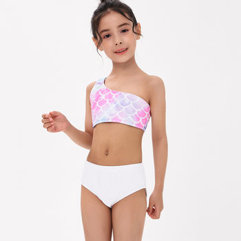 Fish scale sloping shoulders sexy triangle bikini mermaid mother-daughter parent-child swimsuit three-piece conservative split swimsuit 77