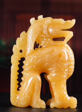 天然米黄玉望天吼摆件