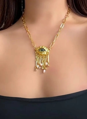 中古个性恶魔之眼珍珠流苏耳环轻奢高级感耳钉戒指项链套装配饰女