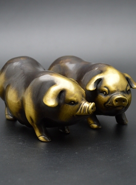 华擎纯黄铜生肖猪复古装饰摆件