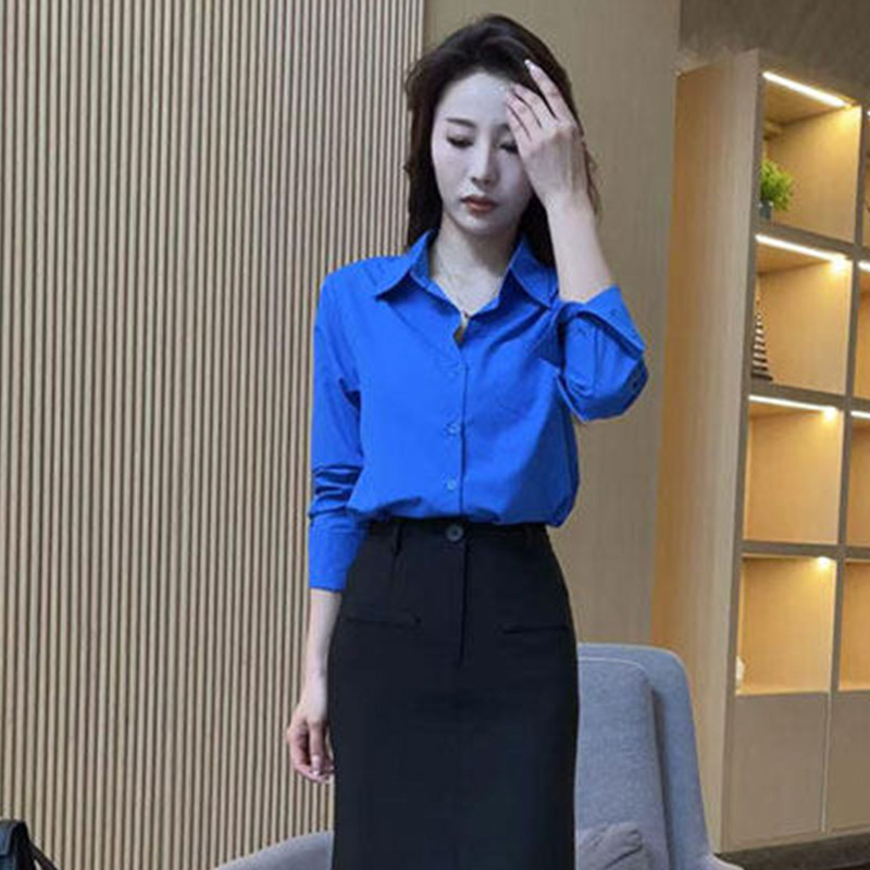 休闲风深蓝色长袖衬衫女宽松POLO领通勤穿搭高级感时尚上衣薄外套,淘宝优惠券,粉丝福利购,淘宝优惠卷