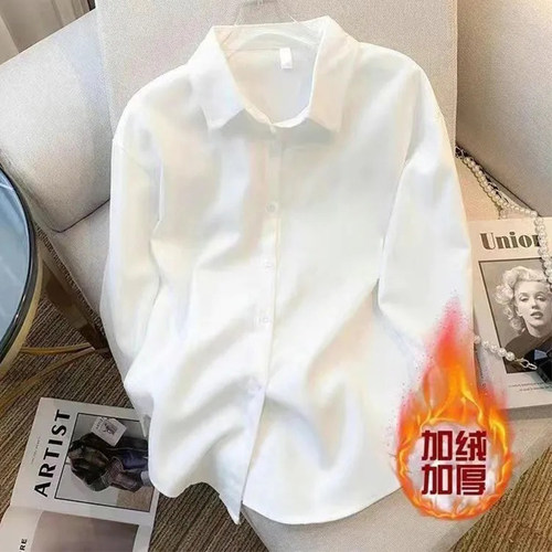 秋冬季加绒高级感V领白色衬衫女长袖内搭叠穿职业装通勤极简衬衣 - 图0