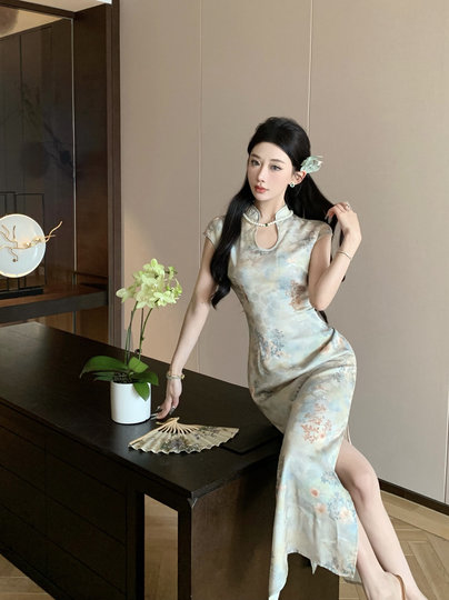 MIMO DK homemade new Chinese national style improved water droplet shell sleeve cheongsam cheongsam gentle and cold sensation dressing
