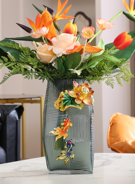 中式古典玻璃花瓶摆件客厅装饰品荷花金鱼刺绣工艺品家居