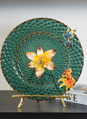 珐琅彩如鱼得水摆件装饰盘客厅玄关办公室桌面轻奢高档乔迁新居