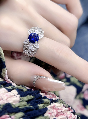 奢华皇家蓝宝石镶嵌满钻戒指女开口璀璨彩宝宫廷风小众设计