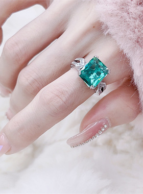 高订祖母绿正方钻彩宝戒指女ins冷淡风轻奢高级感直播小红书