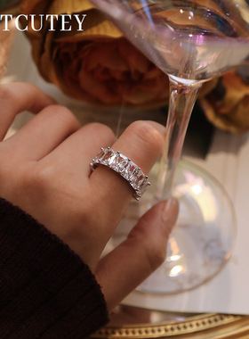 欧美饰品小众设计镶嵌长方形闪锆简约百搭戒指指环女一件代发