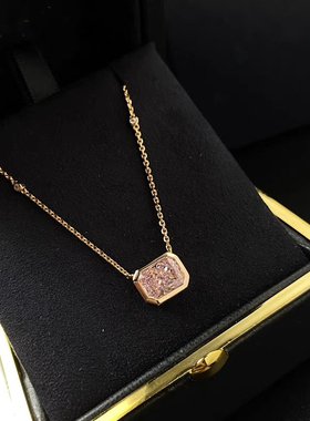 新款甜美满天星方形单颗钻石项链彩色宝石铜镀金黄粉钻简约锁骨链