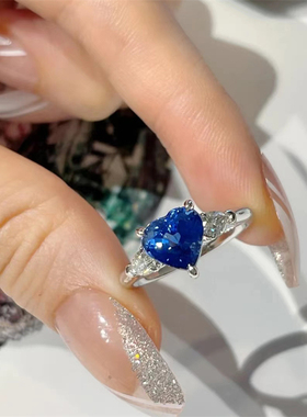 宋妍霏同款少女爱心戒指女ins心形人造海蓝碧玺甜美公主开口食指