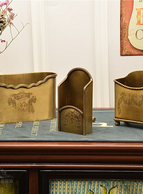 纯铜印花立式书房笔筒名片夹