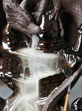 跨境 陶瓷檀香烟倒流香薰炉家居摆件 创意欧式翼龙瀑布回流香薰炉