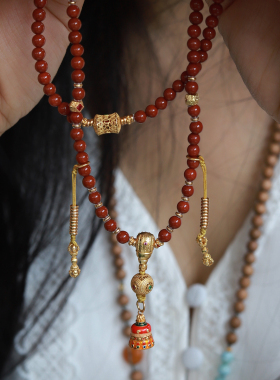 吉盟珠宝古法银南红玛瑙佛珠项链坠藏式珐琅彩毛衣链新中式国潮