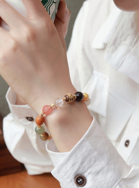 吉盟珠宝古法银多宝手串女南红玛瑙和田玉蜜蜡手链新中式国潮