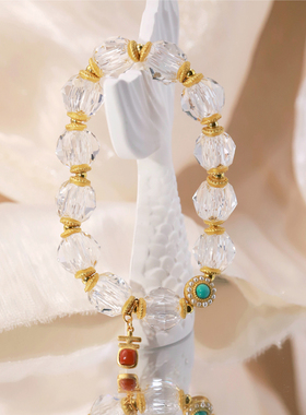 吉盟珠宝古法银白水晶手串女吉字南红美松手链吉祥新中式国潮