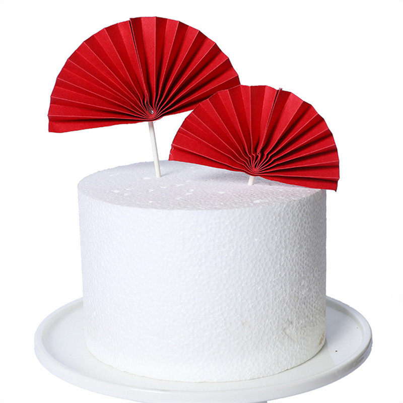 中国风半圆折扇生日蛋糕装饰老人祝寿插件烫金红色扇子插牌包邮