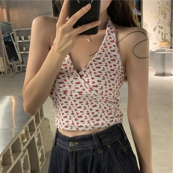 Plus size fat girl floral halterneck small suspender women's short vest design niche French bottoming hot girl top