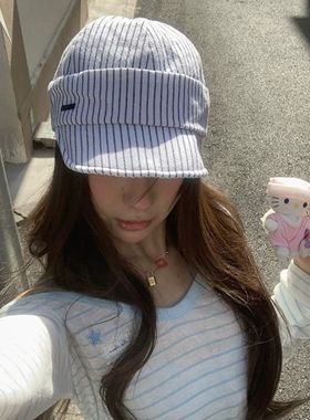 文艺白色条纹鸭舌报童帽女春夏