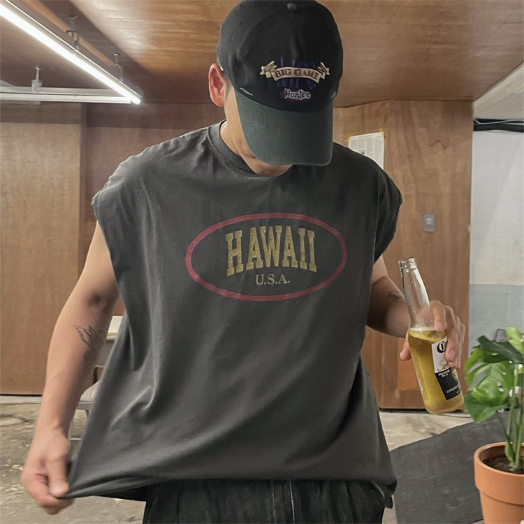 MRDONG韩国男装代购复古水洗HAWAII重工运动休闲无袖T恤潮流背心 - 图1