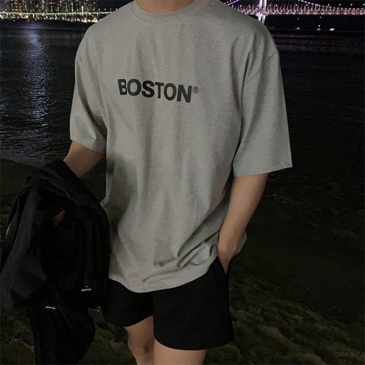 MRDONG韩国男装代购高品棉质潮流Boston英文印花时尚宽松短袖T恤