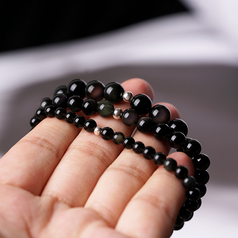 黑曜石女夏纯银转运珠简约小众手串 赏峰饰品手链