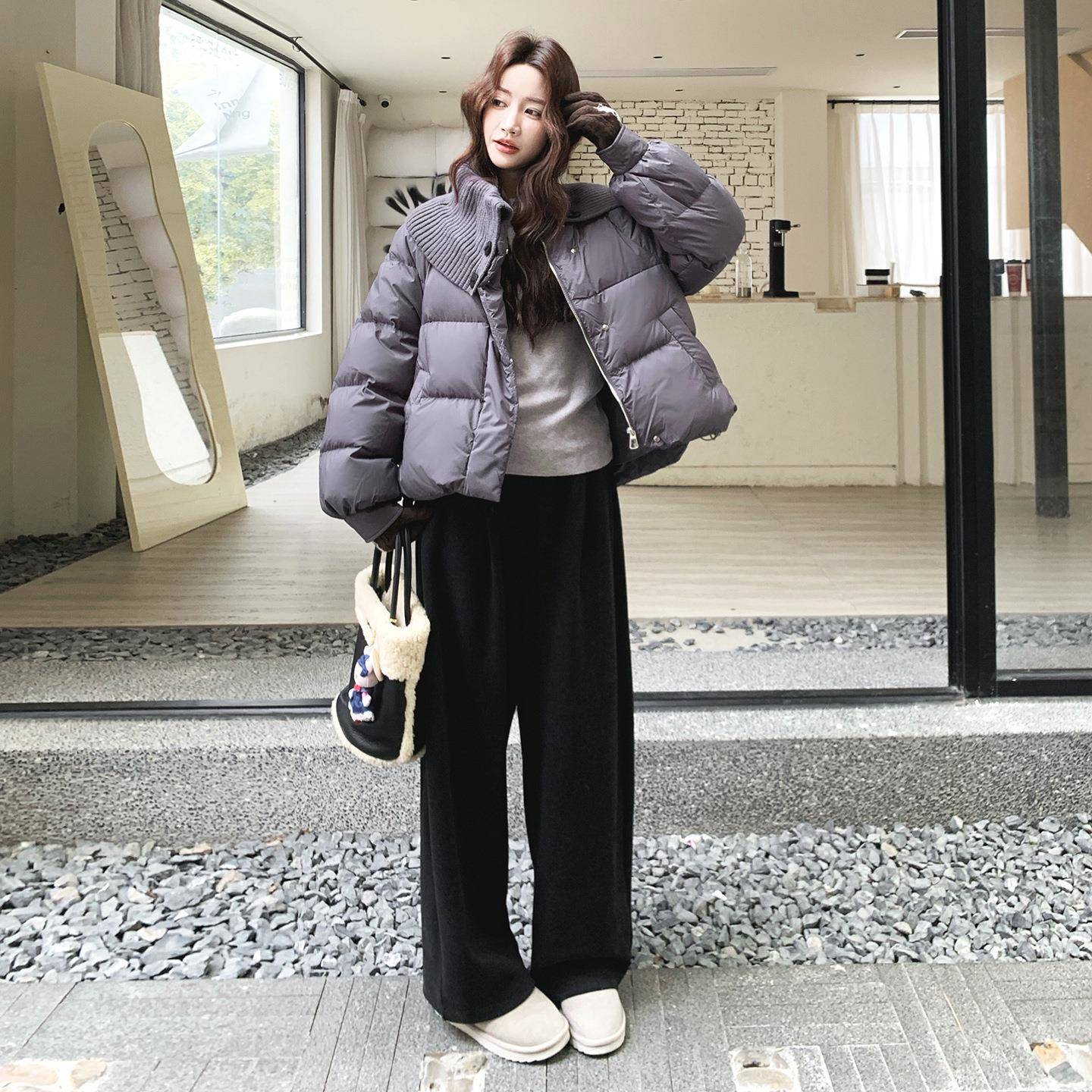 绒织领立灰色C079-457针羽服 - 图1