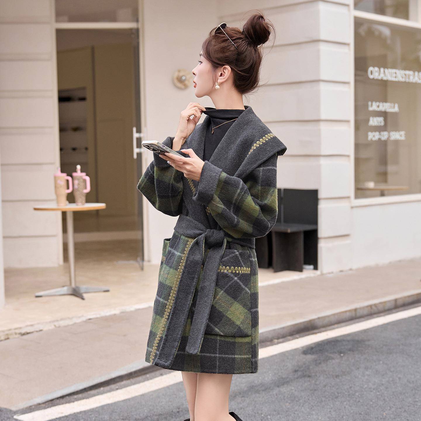 设计感两面穿ZQI8157X格子双面呢5大衣202冬新款新款韩版减龄秋毛 - 图1