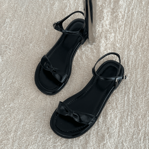 韩国东大门春夏新款显瘦时尚一字带蝴蝶结露趾百搭平底凉鞋女,淘宝优惠券,粉丝福利购,淘宝优惠卷