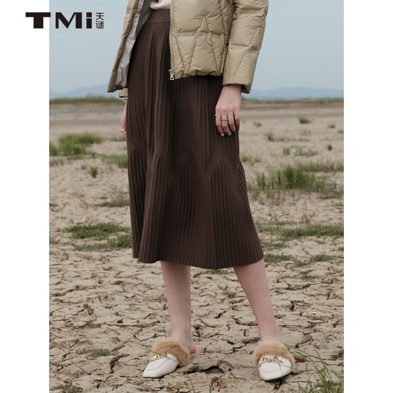 天谜半身裙百褶针织纯色弹性简约气质舒适长裙冬季女装TMi224120 - 图0